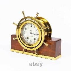 Mid-Century Seth Thomas Mayflower 3 Brass Ship's Bells Clock Mahogany Stand