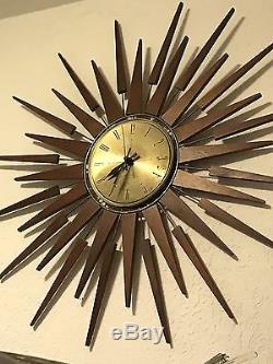 Mid century Atomic Starburst Wall Clock Teak Seth Thomas Clock