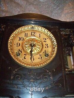 ORNATE ANTIQUE SETH THOMAS ADAMANTINE MANTLE CLOCK with FREE-STANDING COLUMNS