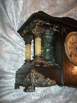 ORNATE ANTIQUE SETH THOMAS ADAMANTINE MANTLE CLOCK with FREE-STANDING COLUMNS