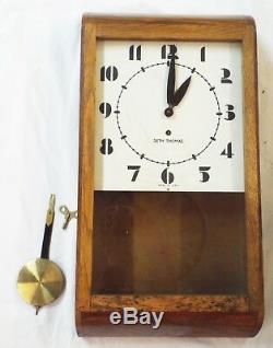 Old Antique ART DECO Oak SETH THOMAS Schoolhouse WALL CLOCK -RUNS