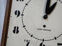 Old Antique ART DECO Oak SETH THOMAS Schoolhouse WALL CLOCK -RUNS