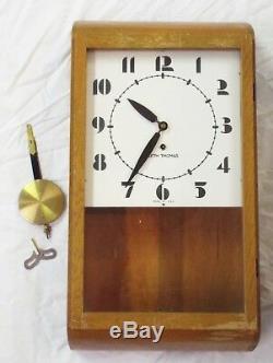 Old Antique ART DECO Oak SETH THOMAS Schoolhouse WALL CLOCK with Pendulum & Key