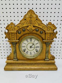 Old Seth Thomas Gingerbread Mantle Clock Carved Oak Metal Column Case