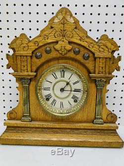 Old Seth Thomas Gingerbread Mantle Clock Carved Oak Metal Column Case