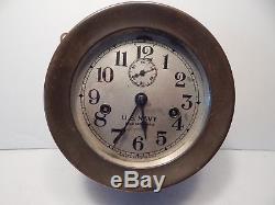SETH THOMAS WWII US NAVY No. 3 BRASS SHIPS DECK CLOCK LARGE 7 1/4 WORKS