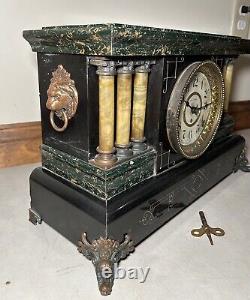 Seth Thomas 8 Day Adamantine Black Mantel Lion Head Desk Shelf Clock