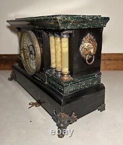 Seth Thomas 8 Day Adamantine Black Mantel Lion Head Desk Shelf Clock