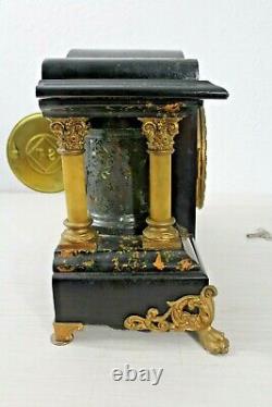 Seth Thomas Adamantine Black Wood Claw Foot 6 Pillar Pendulum Mantel Clock