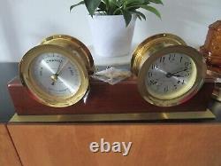 Seth Thomas Corsair Brass Ship Clock & Barometer Wood Stand & Key Model E537-00