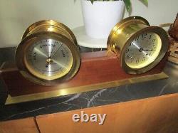 Seth Thomas Corsair Brass Ship Clock & Barometer Wood Stand & Key Model E537-00