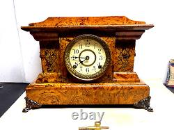 Seth Thomas Cream & Brown Adamantine Pillar Mantle Clock Faux Marble Lion Head