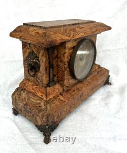 Seth Thomas Cream & Brown Adamantine Pillar Mantle Clock Faux Marble Lion Head