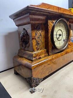 Seth Thomas Cream & Brown Adamantine Pillar Mantle Clock Faux Marble Lion Head