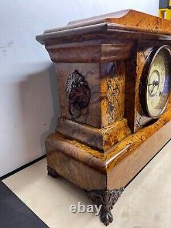 Seth Thomas Cream & Brown Adamantine Pillar Mantle Clock Faux Marble Lion Head