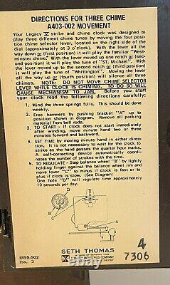 Seth Thomas Legacy V Mantel Clock 3 chime A403-002 Hermle Movement WithKey