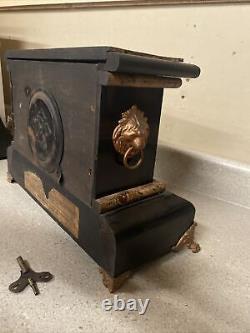 Seth Thomas Mantle Clock Key Single Column Lion Head Brown Wood Runs Glass Dial