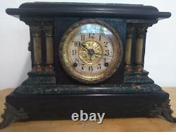 Seth Thomas Mantle Clock Pendulum Green Black Adamantine Lions Heads ANTIQUE