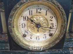 Seth Thomas Mantle Clock Pendulum Green Black Adamantine Lions Heads ANTIQUE