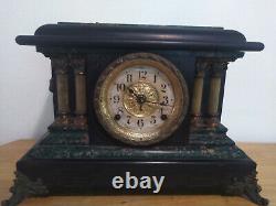 Seth Thomas Mantle Clock Pendulum Green Black Adamantine Lions Heads ANTIQUE