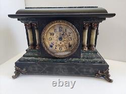 Seth Thomas Marbled Adamantine Mantel Clock Pillars Lions Heads