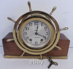 Seth Thomas Mayflower 3 Shelf Clock Brass Ships Wheel Mid-Century Mahogany Stand