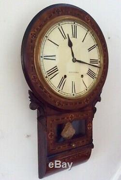 Seth Thomas USA Walnut Inlaid Drop Dial Chiming Wall Clock