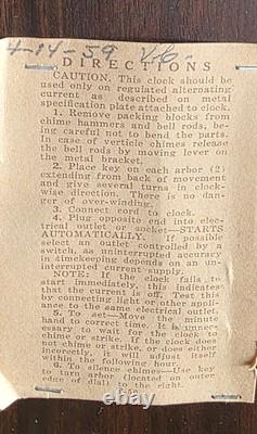Seth Thomas Westminter Chime Clock April 14, 1959 Missing Power Cord