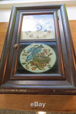 Seth Thomas cottage clock, wood, Antique reverse painting on glass, circa 1890's