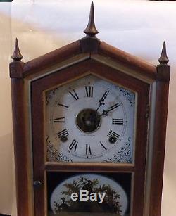 Shlf ANTIQUE 19TH C SETH THOMAS 8 DAY SPRING CLOCK quail motif, walnut chiming