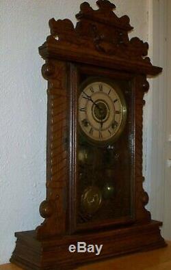 USA SETH THOMAS Eight Day Mantel CLOCK Antique Gingerbread Parlor Kitchen WORKS