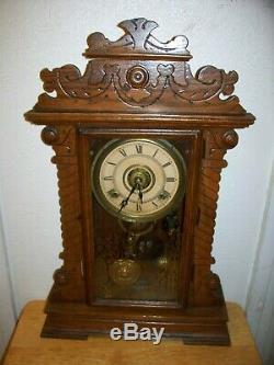 USA SETH THOMAS Eight Day Mantel CLOCK Antique Gingerbread Parlor Kitchen WORKS