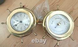 VINTAGE BRASS SETH THOMAS SHIPS WHEEL CLOCK & BAROMETER SET MARITIME With KEY