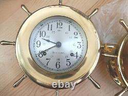 VINTAGE BRASS SETH THOMAS SHIPS WHEEL CLOCK & BAROMETER SET MARITIME With KEY