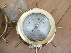 VINTAGE BRASS SETH THOMAS SHIPS WHEEL CLOCK & BAROMETER SET MARITIME With KEY