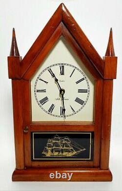 VTG SETH THOMAS Cathedral Revival Mantle Clock Reverse Glass Painted Ship VGUC