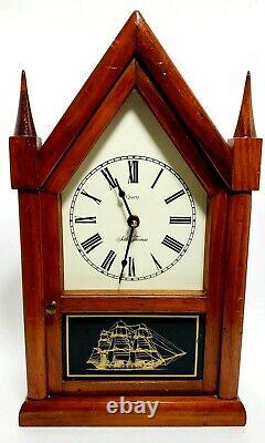 VTG SETH THOMAS Cathedral Revival Mantle Clock Reverse Glass Painted Ship VGUC