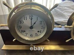 VTG Seth Thomas Helmsman Brass Ship Clock & Barometer Wood Stand & Key