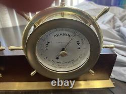 VTG Seth Thomas Helmsman Brass Ship Clock & Barometer Wood Stand & Key