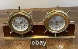 VTG Seth Thomas Helmsman Brass Ship Clock & Barometer Wood Stand & Key #E537-001