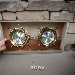 VTG Seth Thomas Helmsman Brass Ship Clock & Barometer Wood Stand & Key #E537-001