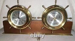 VTG Seth Thomas Helmsman Brass Ship Clock & Barometer Wood Stand & Key #E537-001