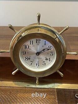 VTG Seth Thomas Helmsman Brass Ship Clock & Barometer Wood Stand & Key #E537-001