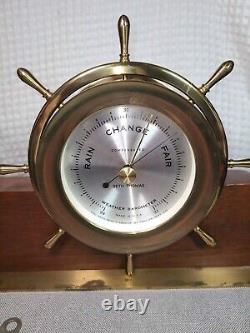 VTG Seth Thomas Helmsman Brass Ship Clock & Barometer Wood Stand & Key #E537-001