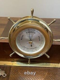 VTG Seth Thomas Helmsman Brass Ship Clock & Barometer Wood Stand & Key #E537-001