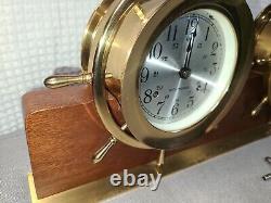 VTG Seth Thomas Helmsman Brass Ship Clock & Barometer Wood Stand & Key #E537-001