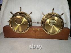 VTG Seth Thomas Helmsman Brass Ship Clock & Barometer Wood Stand & Key #E537-001