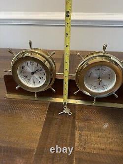 VTG Seth Thomas Helmsman Brass Ship Clock & Barometer Wood Stand & Key #E537-001