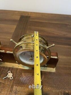 VTG Seth Thomas Helmsman Brass Ship Clock & Barometer Wood Stand & Key #E537-001