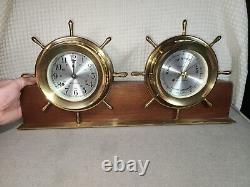 VTG Seth Thomas Helmsman Brass Ship Clock & Barometer Wood Stand & Key #E537-001